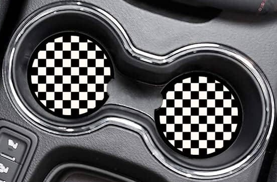 Checkered Ceramic Car Coaster Set (2) Cork Backing Absorbent Cup Holder Protection