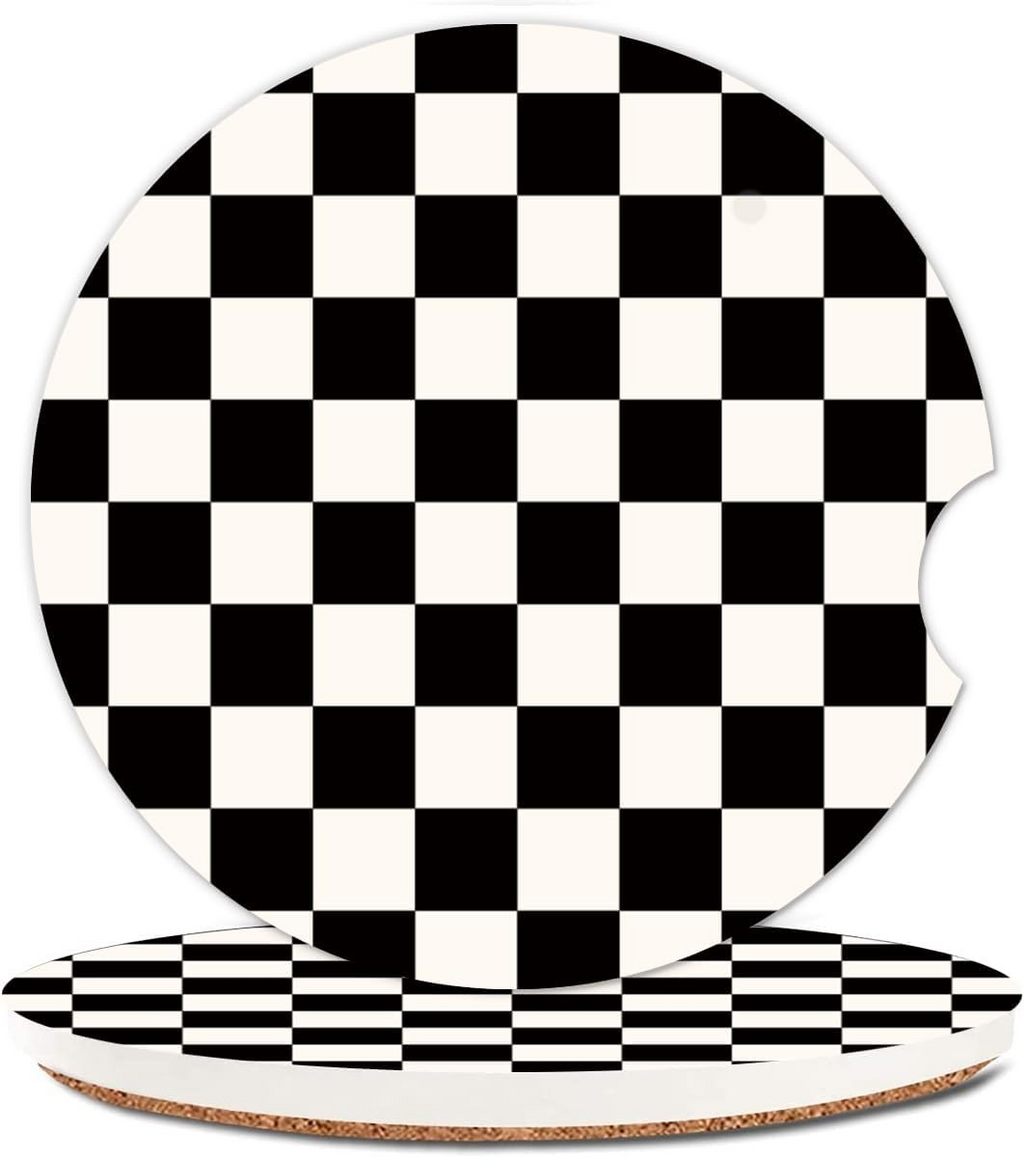 Checkered Ceramic Car Coaster Set (2) Cork Backing Absorbent Cup Holder Protection
