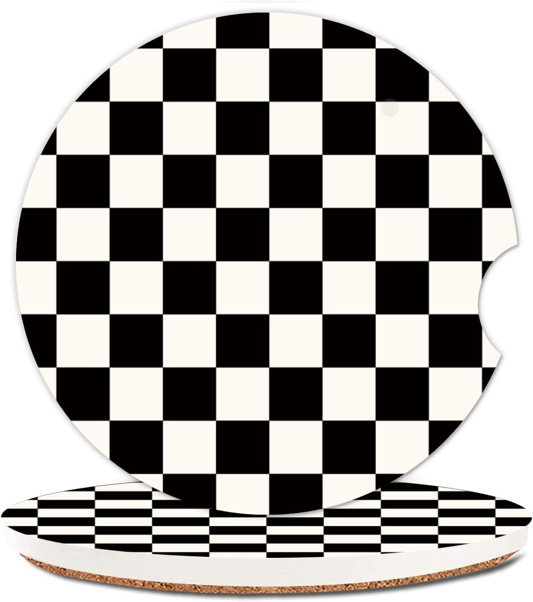 Checkered Ceramic Car Coaster Set (2) Cork Backing Absorbent Cup Holder Protection